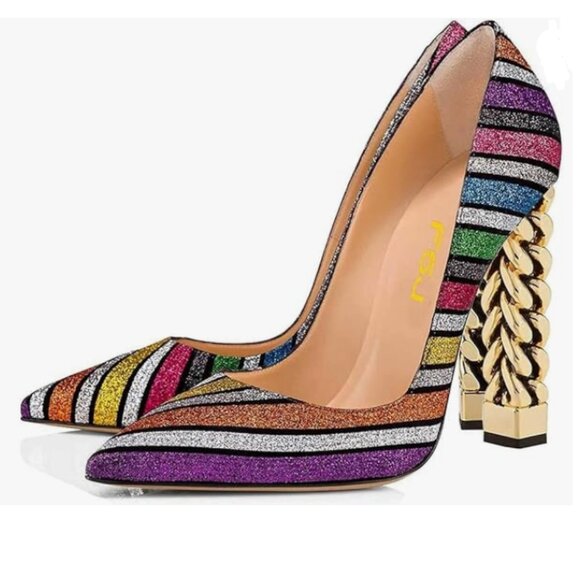FSJ Multicolor Glitter Gold Metal Chain Chunky High Heel Pointed Toe Prom Pumps - Picture 1 of 8